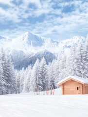 Fototapeta premium Winter Ski Chalet in Snowy Mountains - Serene winter landscape, snowy mountain range, cozy wooden chalet, ski equipment, peaceful atmosphere. Symbolizes: tranquility, adventure, escape