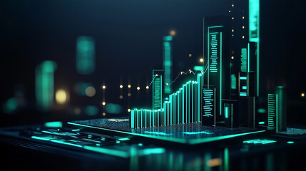 Financial data interface with 3D stacked bar graphs, rising green trend line, and floating numerical indicators on dark gradient background with blue-white light reflections, modern fintech dashboard 
