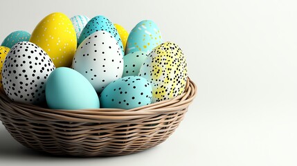 a wicker Easter basket filled with colorful decorated eggs, realistic 3D render, pastel tones, isolated on white background