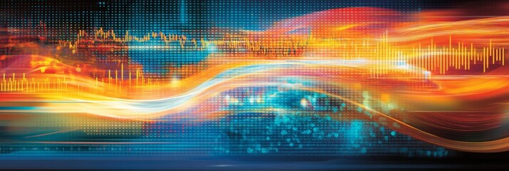 Abstract Financial Data Visualization with Flowing Lines, Global Map, and Digital Grid Background