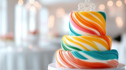 A vibrant three-tiered cake adorned with colorful swirls and a decorative crown, perfect for celebrations, weddings, or special occasions showcasing culinary artistry.