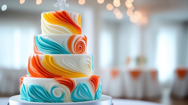 A stunning three-tiered cake adorned with elegant colorful swirls and a decorative topper, capturing the essence of celebration and artistry in dessert design. - Powered by Adobe