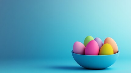 Rainbow Easter eggs, light pastel basket, dreamlike atmosphere, 3D illustration