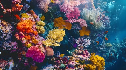 Obraz premium Vibrant coral reef scene, colorful corals and marine life, showcasing underwater biodiversity and natural beauty.