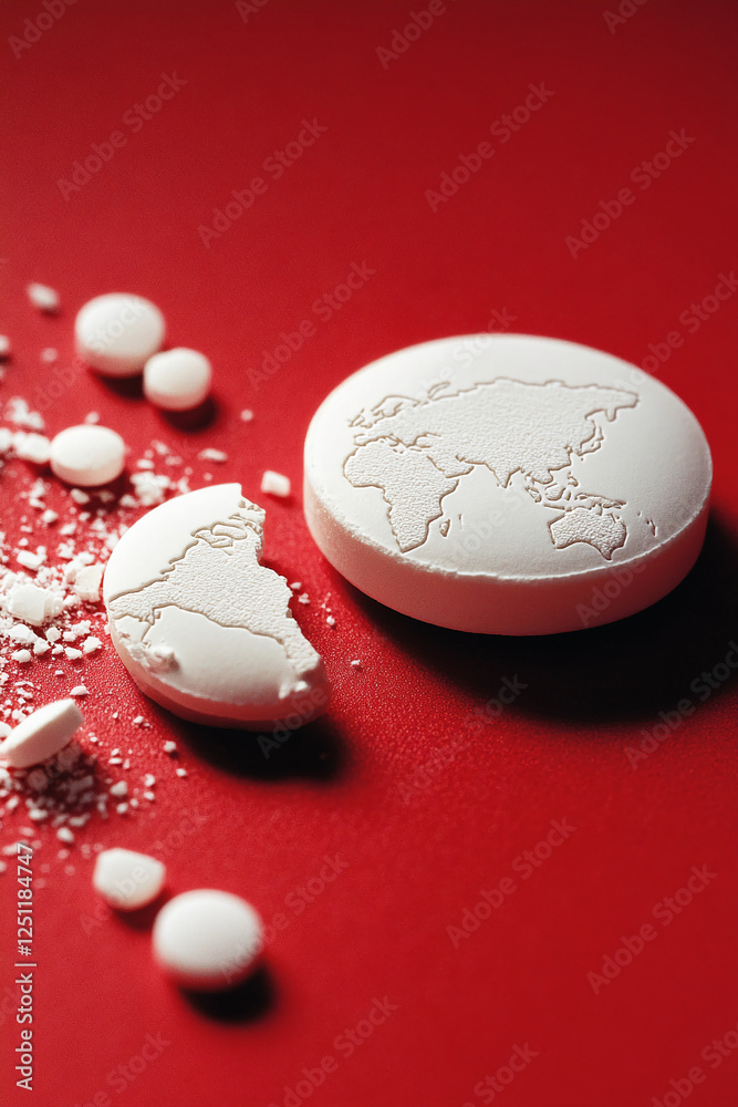 Poster a broken globe-shaped tablet on a red background with scattered pieces, symbolizing global fragmenta