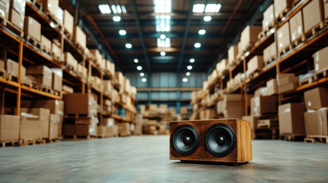 This image captures a sleek wooden speaker prominently displayed in a spacious warehouse, illustrating the fusion of technology and industrial design.