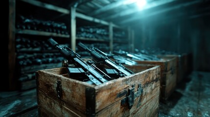 This image showcases a large collection of firearms stacked in wooden crates within a dimly lit warehouse, highlighting themes of security and power.