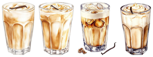 Stunning Watercolor Artwork of Iced Vanilla Latte in Decorative Glasses for Beverage Lovers and Art Enthusiasts