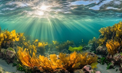 Sunbeams illuminate vibrant kelp forest underwater