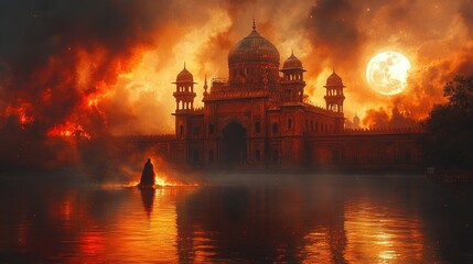 Naklejka premium Fiery Mosque, Night, Person, Water, Inferno, Apocalypse, Fantasy
