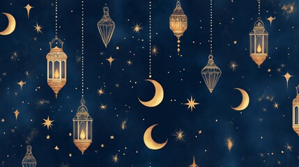 Luxurious Ramadan lantern pattern with golden crescent moons and stars on a deep navy background for Islamic holiday decor, invitations, and cultural celebrations