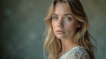 Naklejka premium A woman with long blonde hair and green eyes is standing in front of a wall. She is wearing a white lace top and has a serious expression on her face