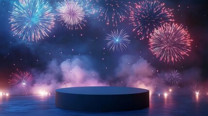 3D Empty Podium Night Sky Fireworks Display - Festive 3D  of an empty cylindrical podium against a backdrop of vibrant fireworks, symbolizing celebration, freedom, joy, independence, and aspiration.