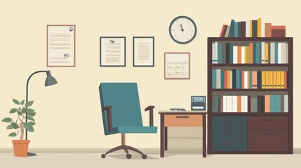 Fototapeta premium Modern office interior with desk, shelves, and chair