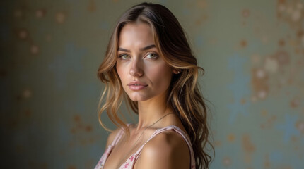 Fototapeta premium A woman with long brown hair and a pink dress is standing in front of a wall. She has a serious expression on her face