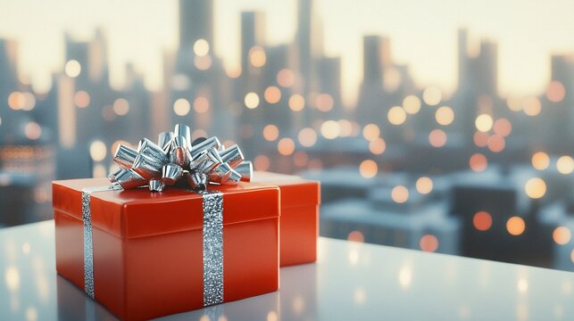 3D rendering of red gift boxes with silver ribbon and bow on a white tabletop in front of a city skyline. Abstract background for a holiday or birthday present concept