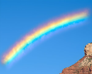 Stunning partial rainbow arc against a vibrant blue sky, partially obscuring a red rock formation.  A breathtaking natural phenomenon.