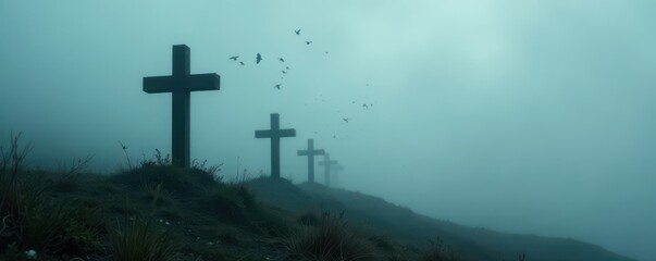 Naklejka premium Fog-shrouded crosses, black crows fly overhead , crosses, fantasy