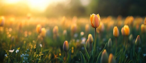 Sunset tulips field, nature scene, spring