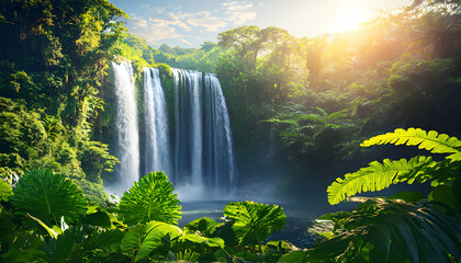 Serene jungle waterfall cascading into a tranquil pool, bathed in golden sunlight. Lush tropical foliage frames the scene, creating a breathtaking natural paradise.