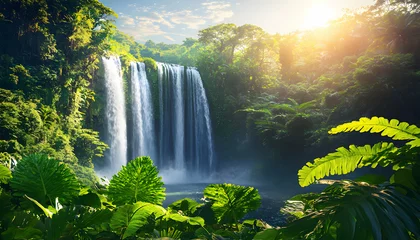 Fototapete Serene jungle waterfall cascading into a tranquil pool, bathed in golden sunlight. Lush tropical foliage frames the scene, creating a breathtaking natural paradise. © Putu