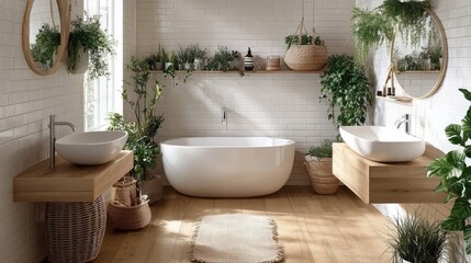 Scandinavian-style bathroom with minimalist accessories on a floating vanity.