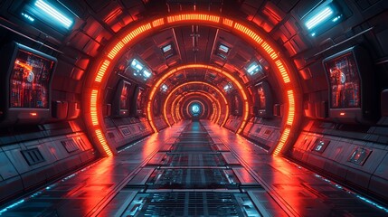 Obraz premium Futuristic spaceship corridor, red lights, technology, journey, science fiction