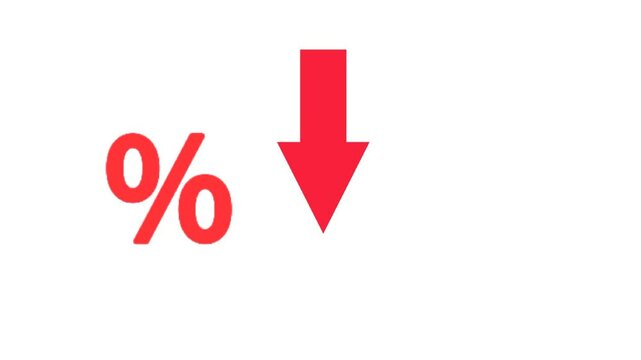 Animation of Percent icon and arrow moving downwards, Indicating a price decrease or decrease in revenue target. For finance