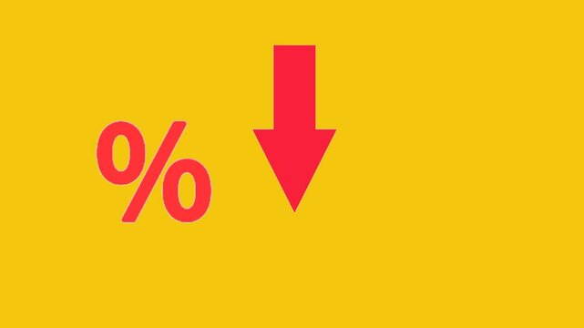 Animation of Percent icon and arrow moving downwards, Indicating a price decrease or decrease in revenue target. 
