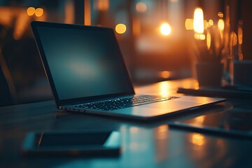 A close-up of an open laptop with a blank screen on the table, next to it is a mobile phone, with a blurred background, a mockup template, a mock-up for presentation design