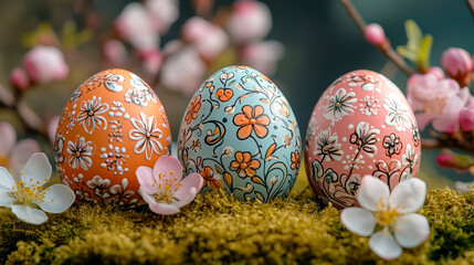 Festive Easter eggs, spring blossoms, and moss create a charming holiday scene. Ornate, colorful, and decorative eggs for seasonal greetings, crafts, family fun, tradition.