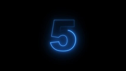 neon glowing  text 5 number countdown icon on black background 4k animation. Neon number 5 with alpha channel,  Energy red neon 5 number.