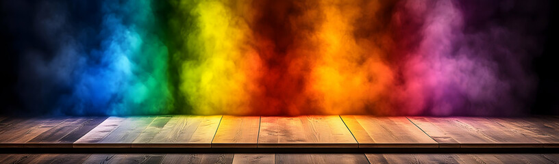 Rainbow smoke stage backdrop, wood floor