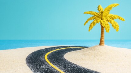 Tropical Beach Road Escape - A winding road on a sandy beach with a palm tree, symbolizing journey, adventure, relaxation, escape, and paradise.