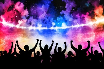 Vibrant Stadium Watercolor Scene - A watercolor painting of silhouettes of a cheering crowd in a stadium under a vibrant, colorful sky. Symbolizing unity, celebration, excitement, energy