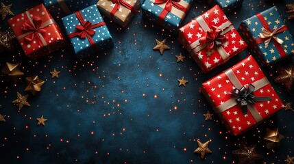 Fototapeta premium Embrace the patriotic atmosphere of USA's Independence Day. glistening stars and gift boxes adorned in USA flag motifs against a blue backdrop that invites text or ads.