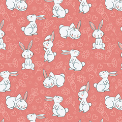Floral wallpaper with hares. Animal concept. Trendy pattern. Can be used as wallpapers, wrapping paper, cards, etc. Hygge style.