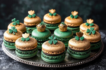 Green, gold St. Patrick's Day macarons on silver tray