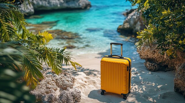 Encourage viewers to dream of an island escape with this picture featuring a top-down view of a yellow suitcase on a sandy setting, with customizable space for your travel details.