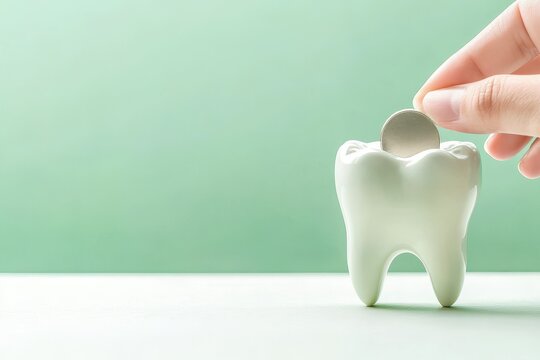Planning health. Tooth figurine being adjusted with a hand, set against a soft green background.