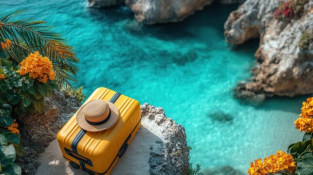 Encourage viewers to dream of an island escape with this picture featuring a top-down view of a yellow suitcase on a sandy setting, with customizable space for your travel details.
