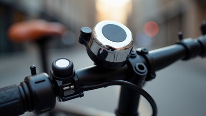 A close-up of a bicycle bell mounted on the handlebars of a bike.