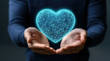 Obraz premium Planning health. A person holds a glowing digital heart in their hands, symbolizing love and care.