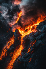 Lava flowing from an erupting volcano, surrounded by smoke and fiery rocks, showcasing the raw power and natural intensity of a volcanic eruption.