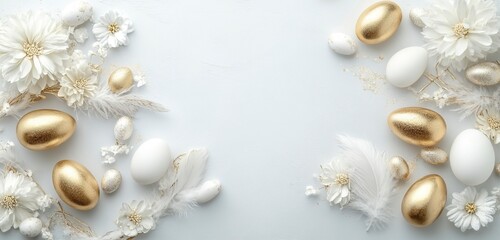A flat lay of an Easter background with gold eggs, white flowers, and feathers on light gray paper, creating space for text or design in the center. The composition is balanced and visually appealing,