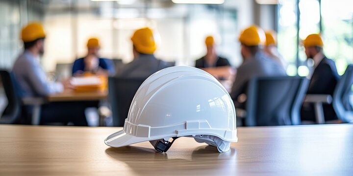 Planning health. White hard hat on a table with people in yellow helmets discussing in the background.