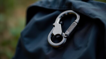 Naklejka premium A close-up of a metal carabiner attached to a dark fabric, possibly a backpack or bag.