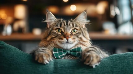 A charming cat dressed in a green checked bow tie, radiating personality, relaxation, and style in a cozy indoor environment with a warm ambiance.