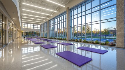 Modern building interior with purple mats and large windows