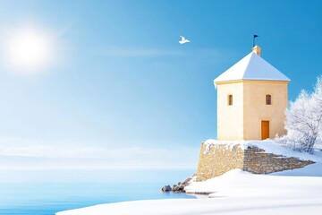 Snow Covered Stone Fortress by Tranquil Winter Sea - Serene winter landscape, symbolizing peace, solitude, resilience, hope